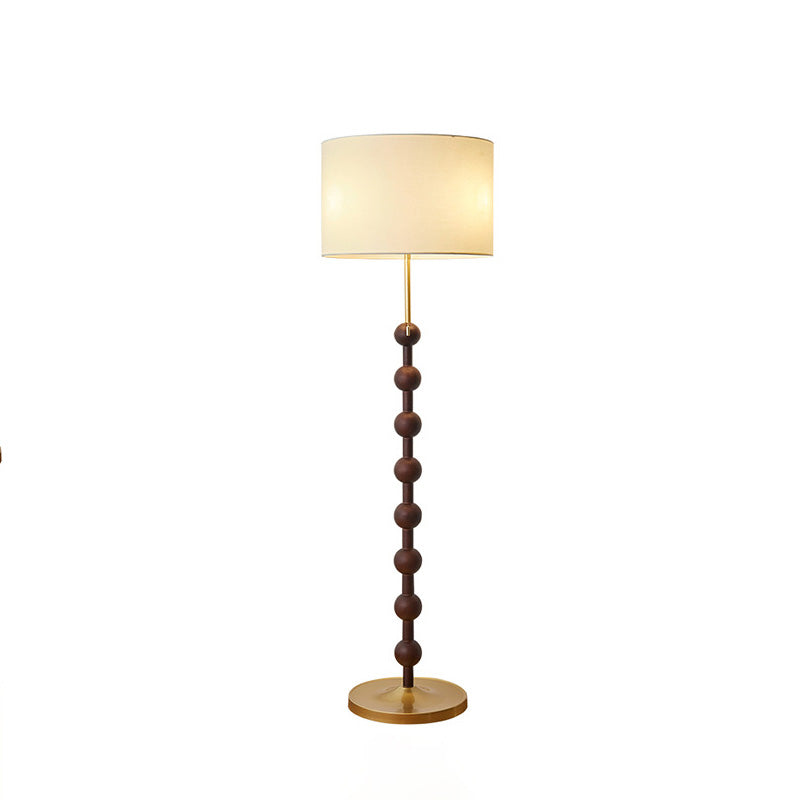Traditional Japanese Cylindrical Round Iron White Wax Wood Fabric 3-Light Standing Floor Lamp For Living Room