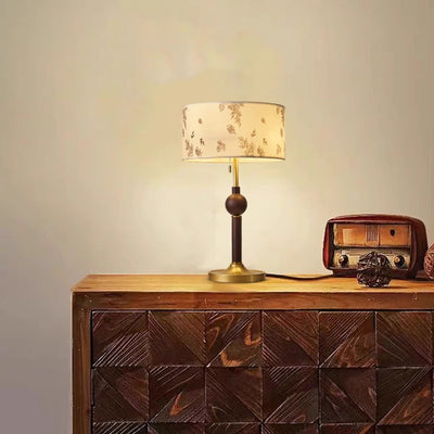Traditional Japanese Cylindrical Round Iron White Wax Wood Fabric 2-Light Table Lamp For Bedroom