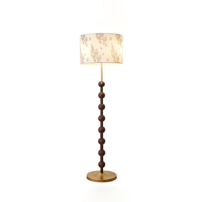 Traditional Japanese Cylindrical Round Iron White Wax Wood Fabric 3-Light Standing Floor Lamp For Living Room