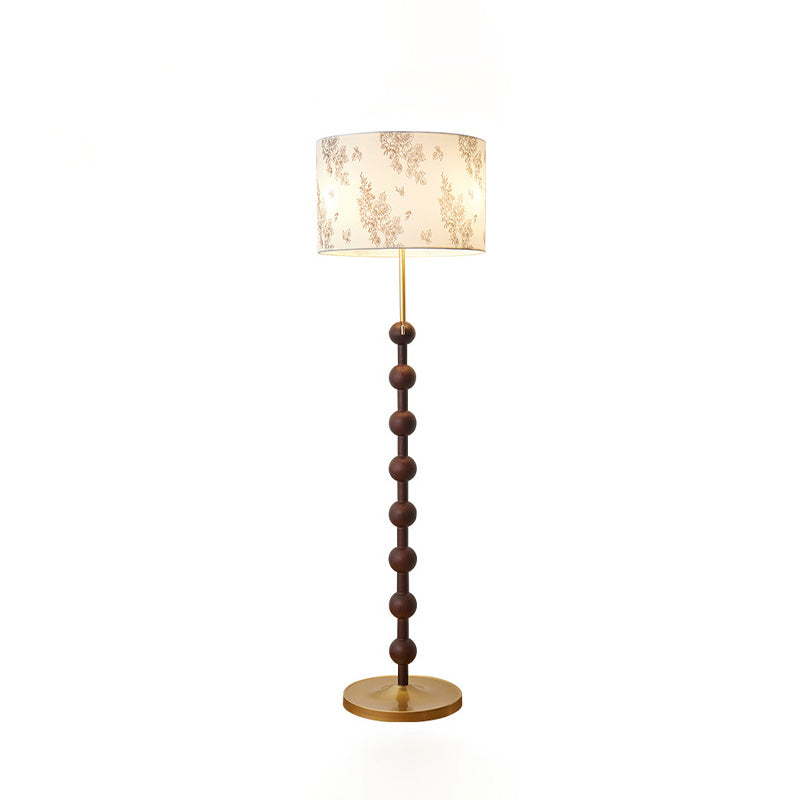 Traditional Japanese Cylindrical Round Iron White Wax Wood Fabric 3-Light Standing Floor Lamp For Living Room