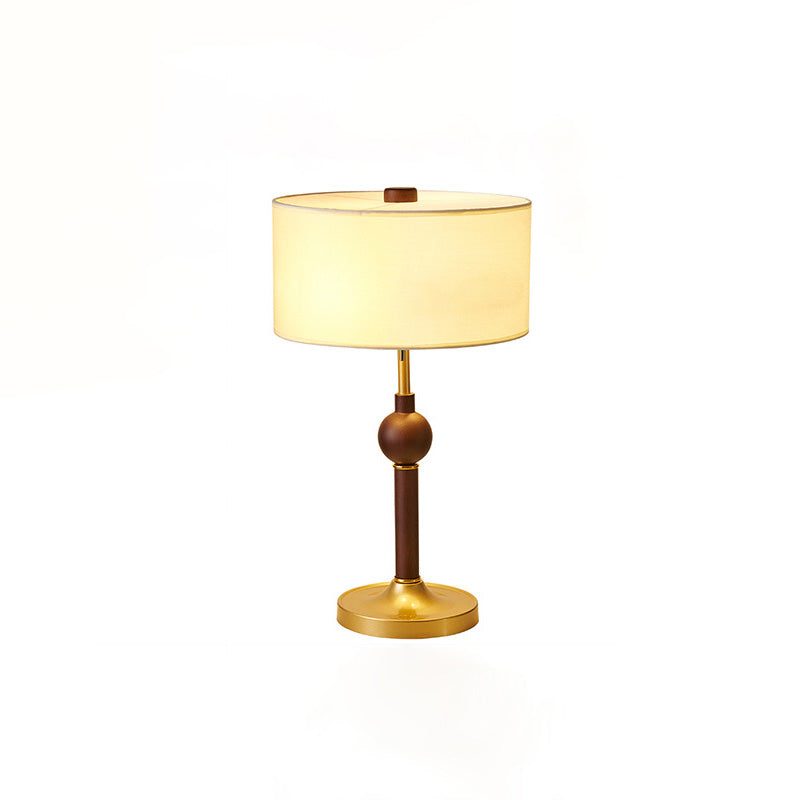 Traditional Japanese Cylindrical Round Iron White Wax Wood Fabric 2-Light Table Lamp For Bedroom