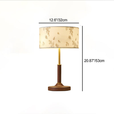 Traditional Japanese Cylindrical Round Iron White Wax Wood Fabric 2-Light Table Lamp For Bedroom