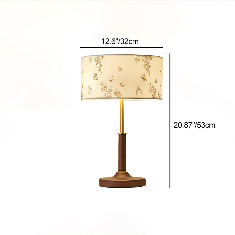 Traditional Japanese Cylindrical Round Iron White Wax Wood Fabric 2-Light Table Lamp For Bedroom