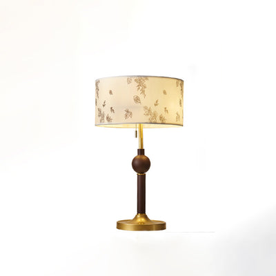 Traditional Japanese Cylindrical Round Iron White Wax Wood Fabric 2-Light Table Lamp For Bedroom