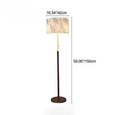 Traditional Japanese Cylindrical Round Iron White Wax Wood Fabric 3-Light Standing Floor Lamp For Living Room