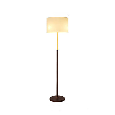 Traditional Japanese Cylindrical Round Iron White Wax Wood Fabric 3-Light Standing Floor Lamp For Living Room