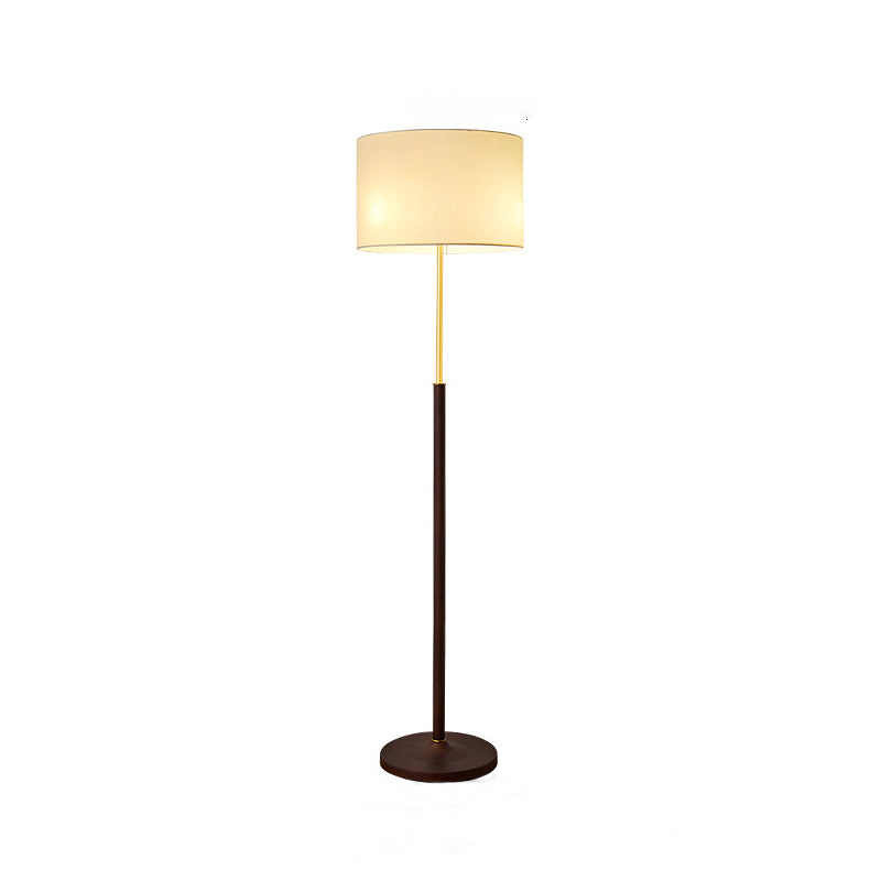 Traditional Japanese Cylindrical Round Iron White Wax Wood Fabric 3-Light Standing Floor Lamp For Living Room