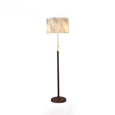 Traditional Japanese Cylindrical Round Iron White Wax Wood Fabric 3-Light Standing Floor Lamp For Living Room