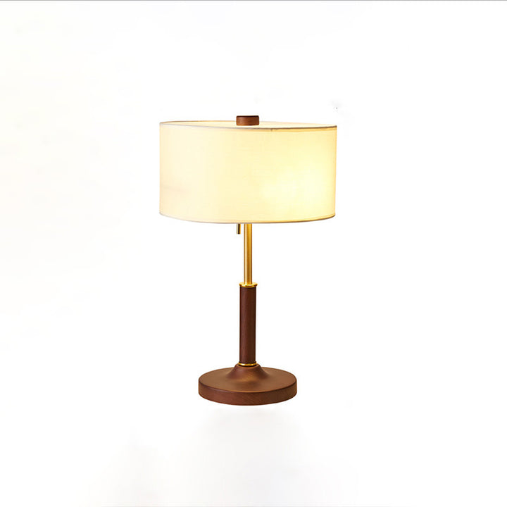 Traditional Japanese Cylindrical Round Iron White Wax Wood Fabric 2-Light Table Lamp For Bedroom