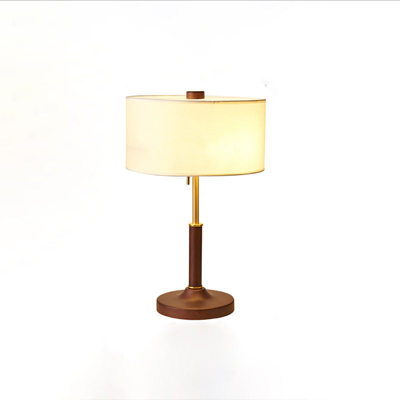 Traditional Japanese Cylindrical Round Iron White Wax Wood Fabric 2-Light Table Lamp For Bedroom