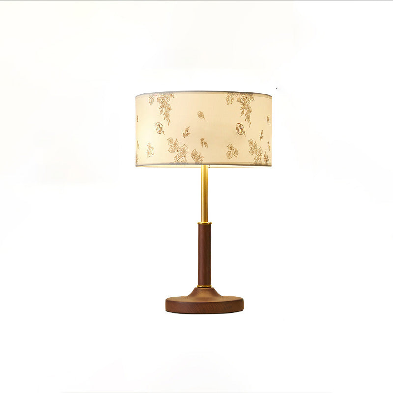 Traditional Japanese Cylindrical Round Iron White Wax Wood Fabric 2-Light Table Lamp For Bedroom