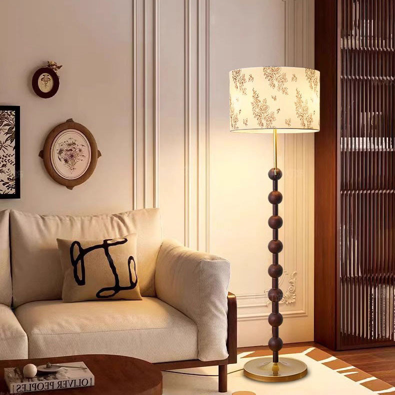 Traditional Japanese Cylindrical Round Iron White Wax Wood Fabric 3-Light Standing Floor Lamp For Living Room