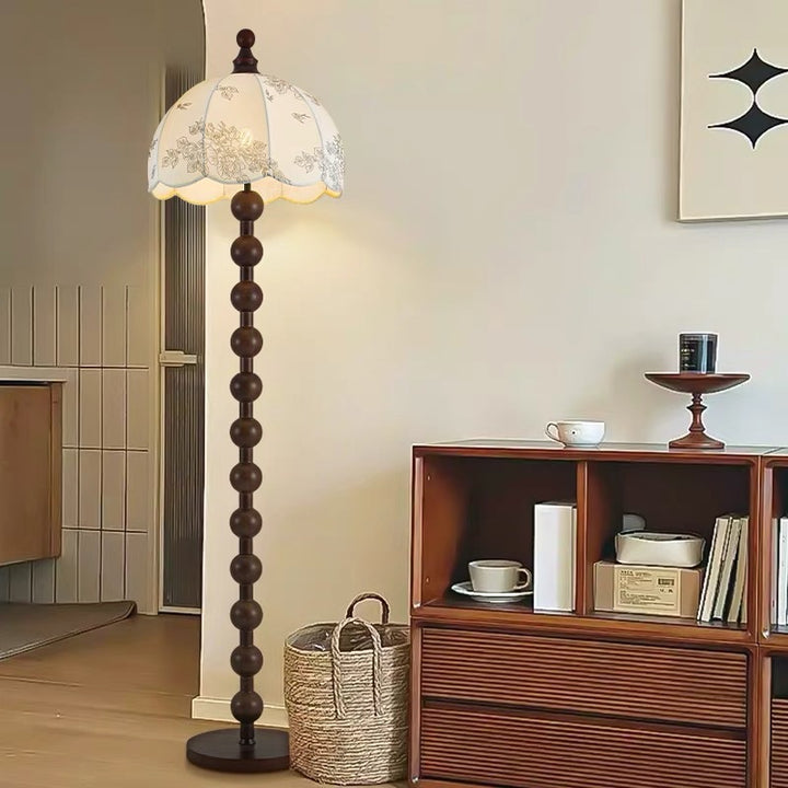 Lampe de sol traditionnelle chinoise en bois cylindrique sphérique en tissu à 1 lumière pour salon 