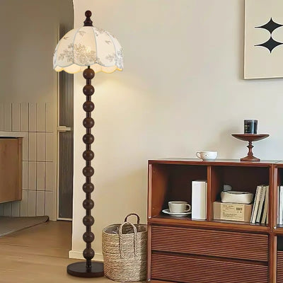 Traditional Chinese Spherical Cylindrical Wooden Fabric 1-Light Standing Floor Lamp For Living Room