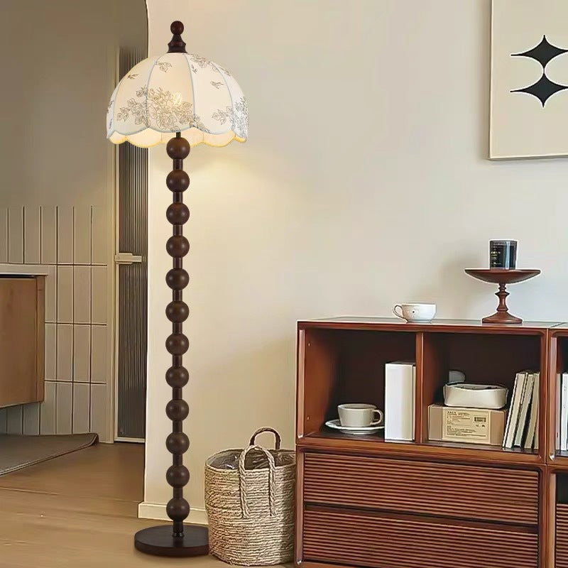 Traditional Chinese Spherical Cylindrical Wooden Fabric 1-Light Standing Floor Lamp For Living Room