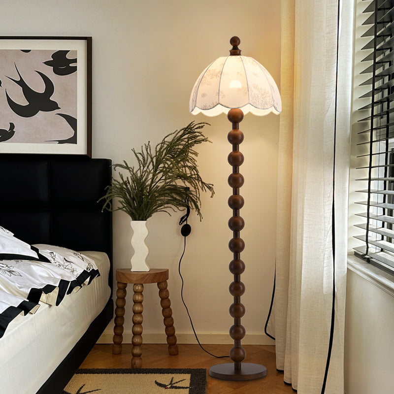 Traditional Chinese Spherical Cylindrical Wooden Fabric 1-Light Standing Floor Lamp For Living Room