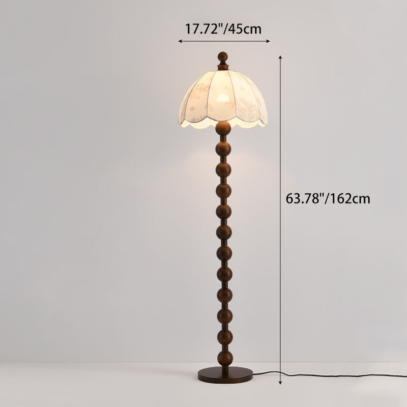 Traditional Chinese Spherical Cylindrical Wooden Fabric 1-Light Standing Floor Lamp For Living Room