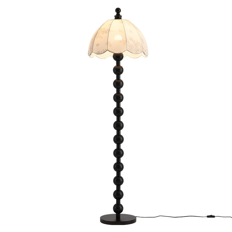 Traditional Chinese Spherical Cylindrical Wooden Fabric 1-Light Standing Floor Lamp For Living Room