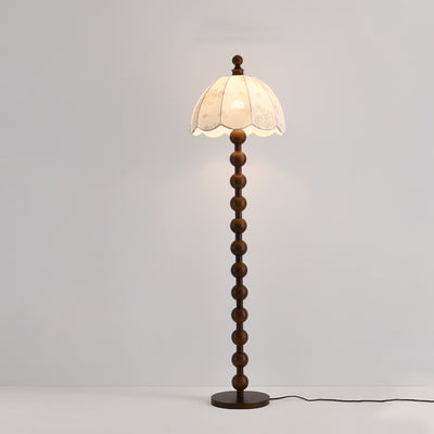 Traditional Chinese Spherical Cylindrical Wooden Fabric 1-Light Standing Floor Lamp For Living Room