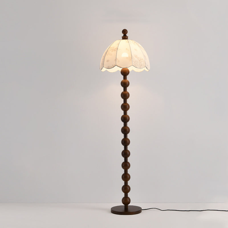 Traditional Chinese Spherical Cylindrical Wooden Fabric 1-Light Standing Floor Lamp For Living Room