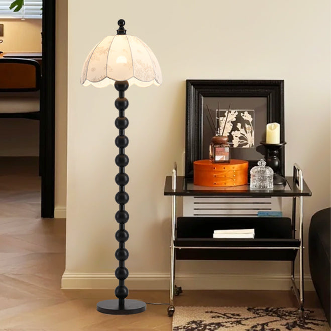 Traditional Chinese Spherical Cylindrical Wooden Fabric 1-Light Standing Floor Lamp For Living Room