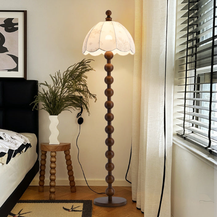 Traditional Chinese Spherical Cylindrical Wooden Fabric 1-Light Standing Floor Lamp For Living Room