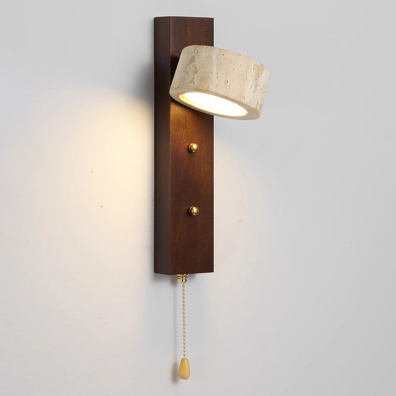 Traditional Farmhouse Round Column Square Yellow Travertine Walnut Iron LED Wall Sconce Lamp For Bedroom