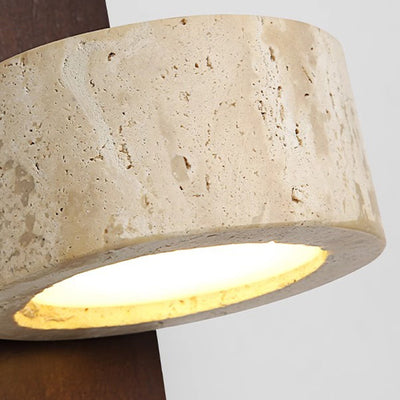 Traditional Farmhouse Round Column Square Yellow Travertine Walnut Iron LED Wall Sconce Lamp For Bedroom