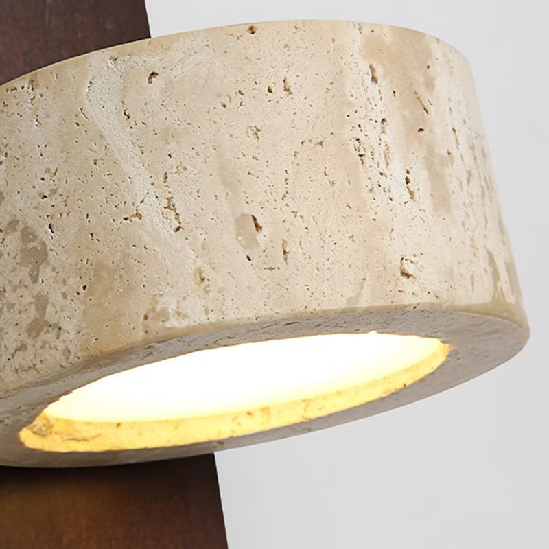 Traditional Farmhouse Round Column Square Yellow Travertine Walnut Iron LED Wall Sconce Lamp For Bedroom