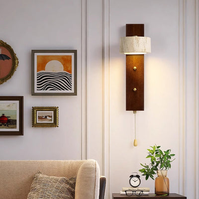 Traditional Farmhouse Round Column Square Yellow Travertine Walnut Iron LED Wall Sconce Lamp For Bedroom