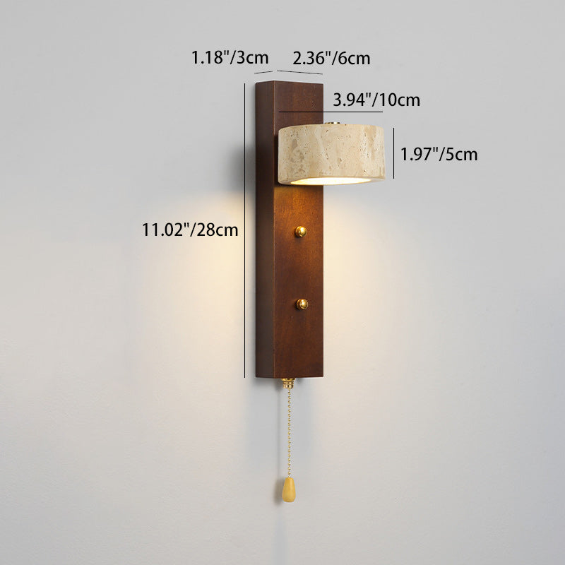 Traditional Farmhouse Round Column Square Yellow Travertine Walnut Iron LED Wall Sconce Lamp For Bedroom