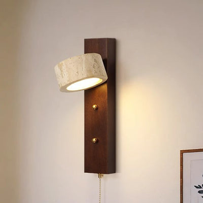 Traditional Farmhouse Round Column Square Yellow Travertine Walnut Iron LED Wall Sconce Lamp For Bedroom