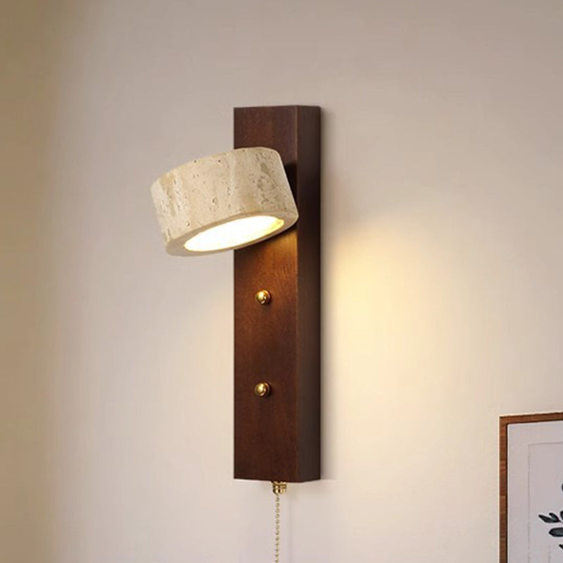 Traditional Farmhouse Round Column Square Yellow Travertine Walnut Iron LED Wall Sconce Lamp For Bedroom