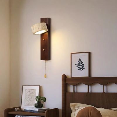 Traditional Farmhouse Round Column Square Yellow Travertine Walnut Iron LED Wall Sconce Lamp For Bedroom