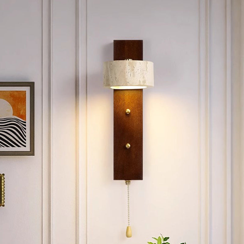 Traditional Farmhouse Round Column Square Yellow Travertine Walnut Iron LED Wall Sconce Lamp For Bedroom