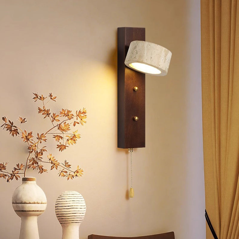 Traditional Farmhouse Round Column Square Yellow Travertine Walnut Iron LED Wall Sconce Lamp For Bedroom