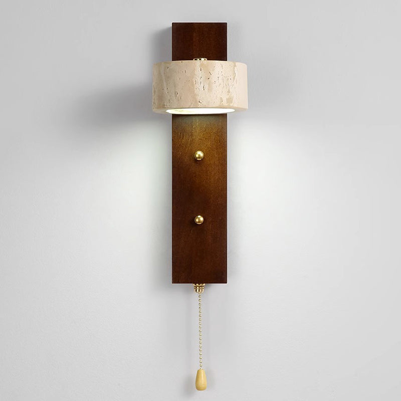 Traditional Farmhouse Round Column Square Yellow Travertine Walnut Iron LED Wall Sconce Lamp For Bedroom