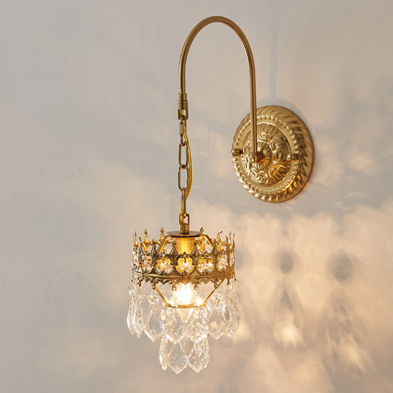 Traditional French Crown-Shaped Cylindrical Iron Crystal 1-Light Wall Scone Lamp For Bedroom