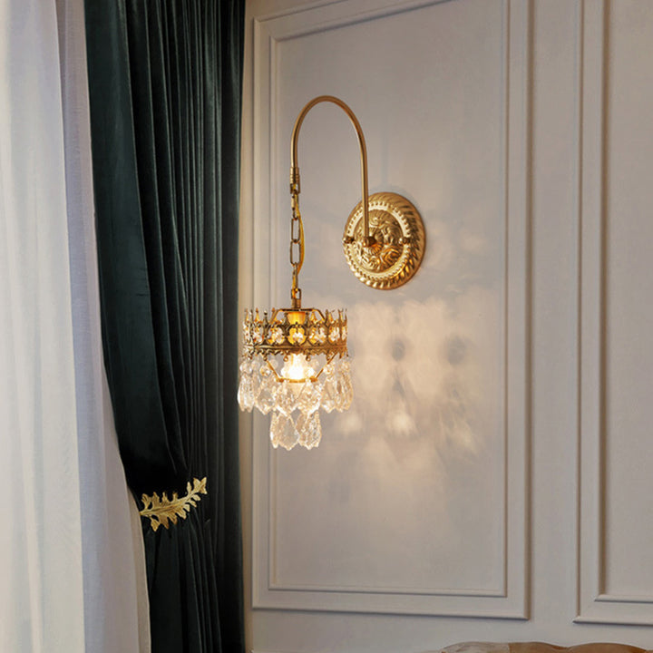 Traditional French Crown-Shaped Cylindrical Iron Crystal 1-Light Wall Scone Lamp For Bedroom
