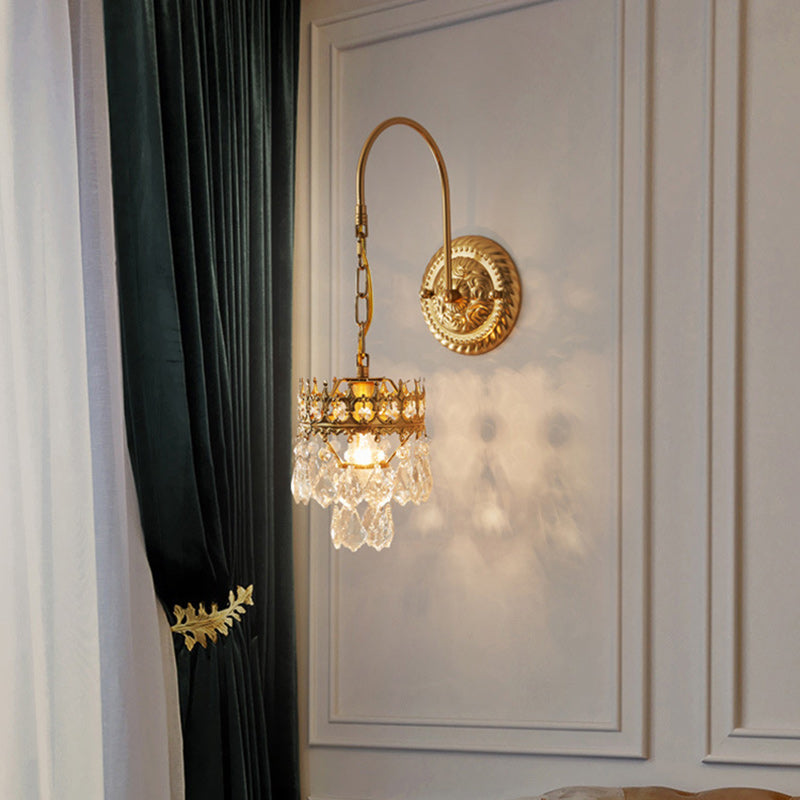 Traditional French Crown-Shaped Cylindrical Iron Crystal 1-Light Wall Scone Lamp For Bedroom