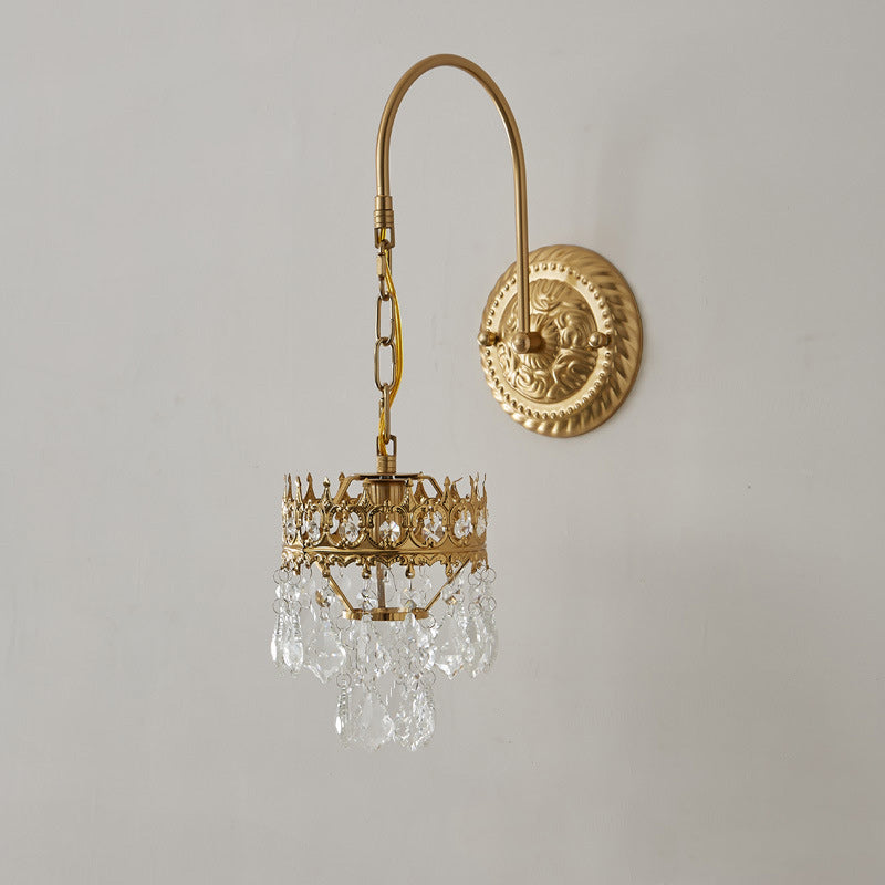 Traditional French Crown-Shaped Cylindrical Iron Crystal 1-Light Wall Scone Lamp For Bedroom