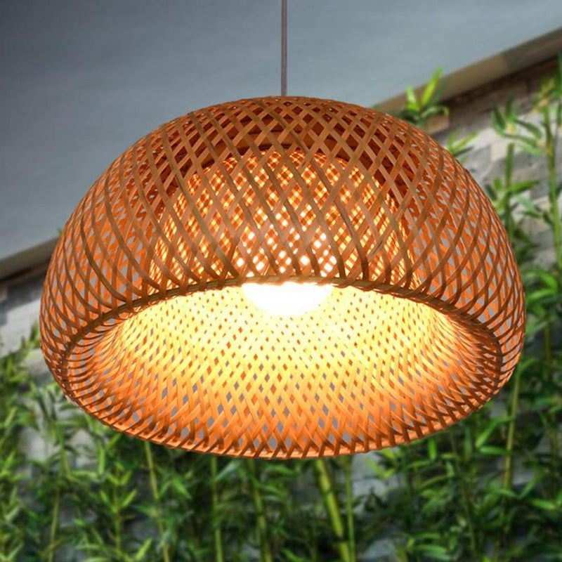 Traditional Chinese Cylindrical Round Bamboo Iron 1-Light Pendant Light For Living Room