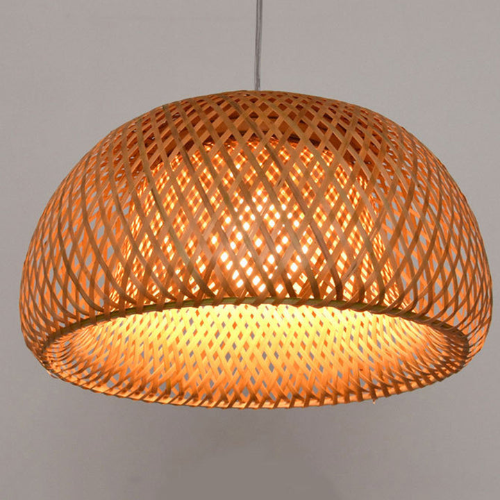 Traditional Chinese Cylindrical Round Bamboo Iron 1-Light Pendant Light For Living Room
