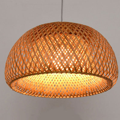Traditional Chinese Cylindrical Round Bamboo Iron 1-Light Pendant Light For Living Room