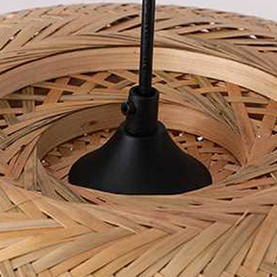 Traditional Chinese Cylindrical Round Bamboo Iron 1-Light Pendant Light For Living Room