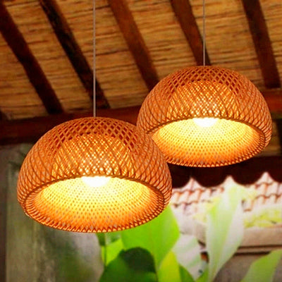 Traditional Chinese Cylindrical Round Bamboo Iron 1-Light Pendant Light For Living Room