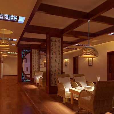 Traditional Chinese Cylindrical Round Bamboo Iron 1-Light Pendant Light For Living Room