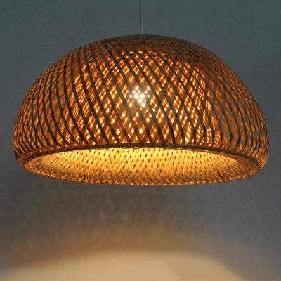 Traditional Chinese Cylindrical Round Bamboo Iron 1-Light Pendant Light For Living Room