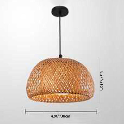 Traditional Chinese Cylindrical Round Bamboo Iron 1-Light Pendant Light For Living Room