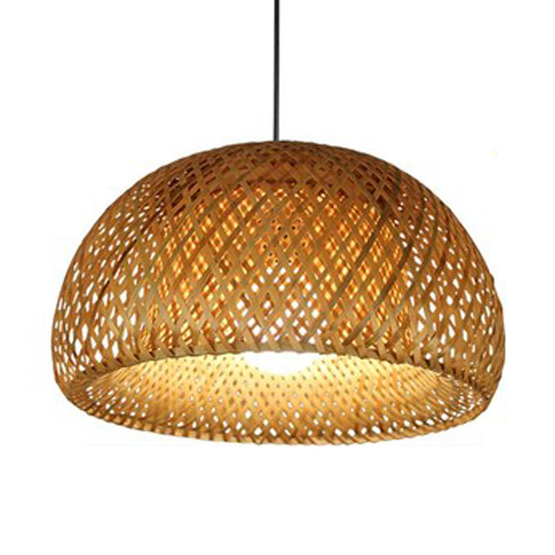 Traditional Chinese Cylindrical Round Bamboo Iron 1-Light Pendant Light For Living Room